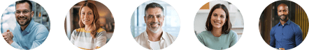 Fünf Personen, drei Männer und zwei Frauen, lächeln und blicken in kreisförmigen Profilbildern vor neutralen oder Innenhintergründen in die Kamera.