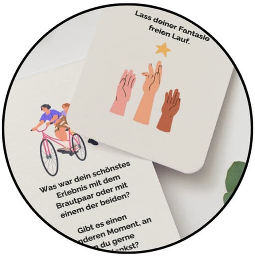 Eine Karte mit drei illustrierten Händen, die nach einem Stern greifen, überlagert eine andere Karte mit deutschem Text und einer Illustration von zwei Personen, die Fahrrad fahren.